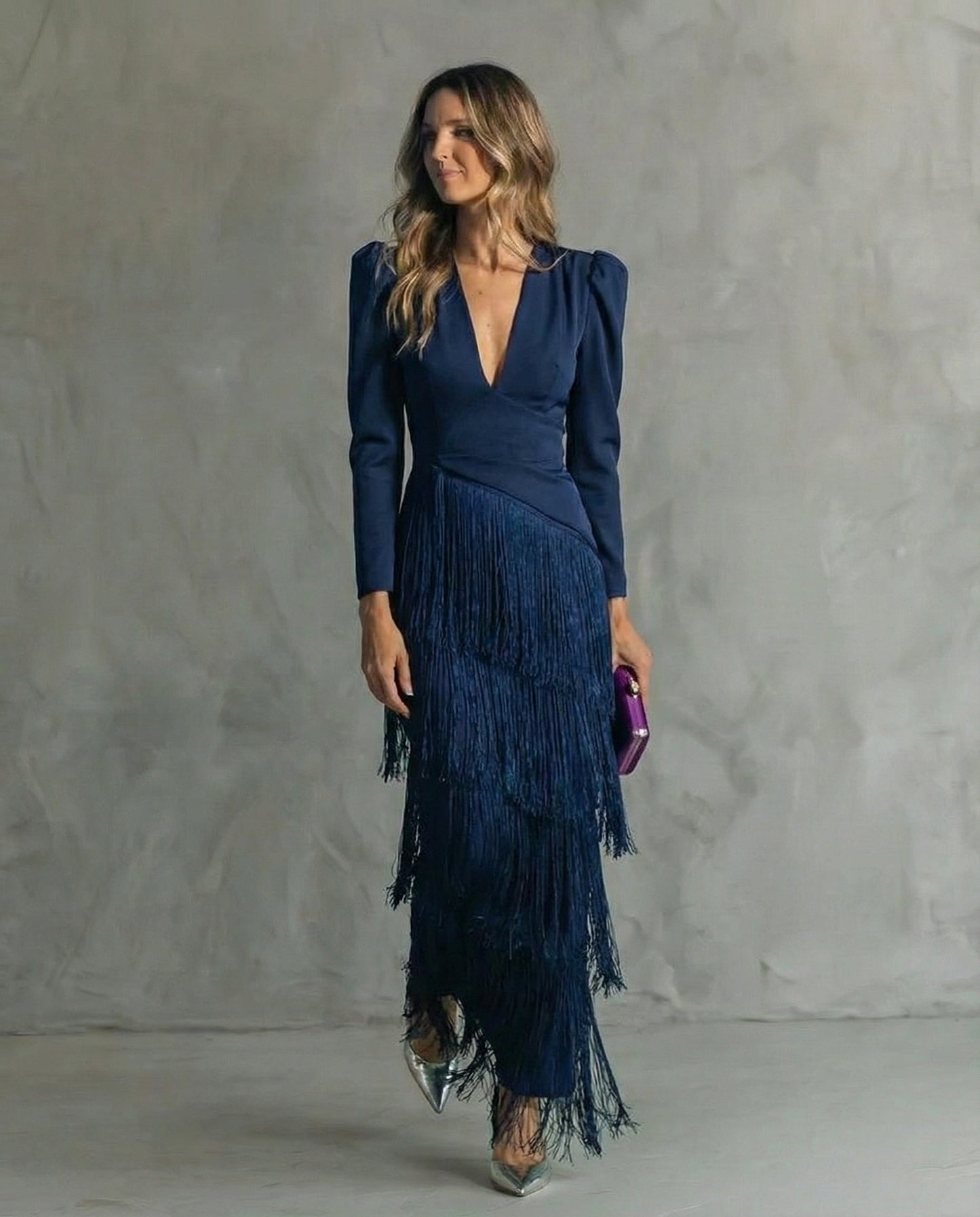 Linen Women's Elegant Fringe Sleeve Midi Dress