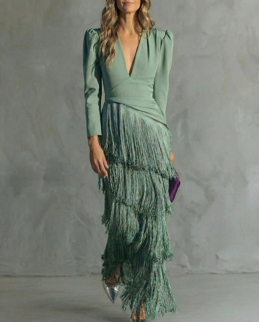 Linen Women's Elegant Fringe Sleeve Midi Dress