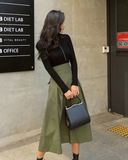 High-Waist Midi-Rock mit Schleifen-Detail – Ausgestellter Rock für Alltag und Büro
