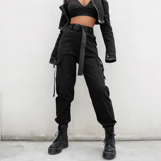 Hoch geschnittene Hose – Cargo-Hose im Utility-Stil für Damen