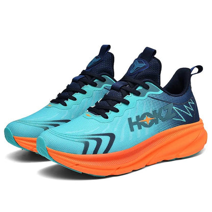 Türkise Laufschuhe mit orangefarbener Sohle, atmungsaktiv, ideal für Sport und Fitness.