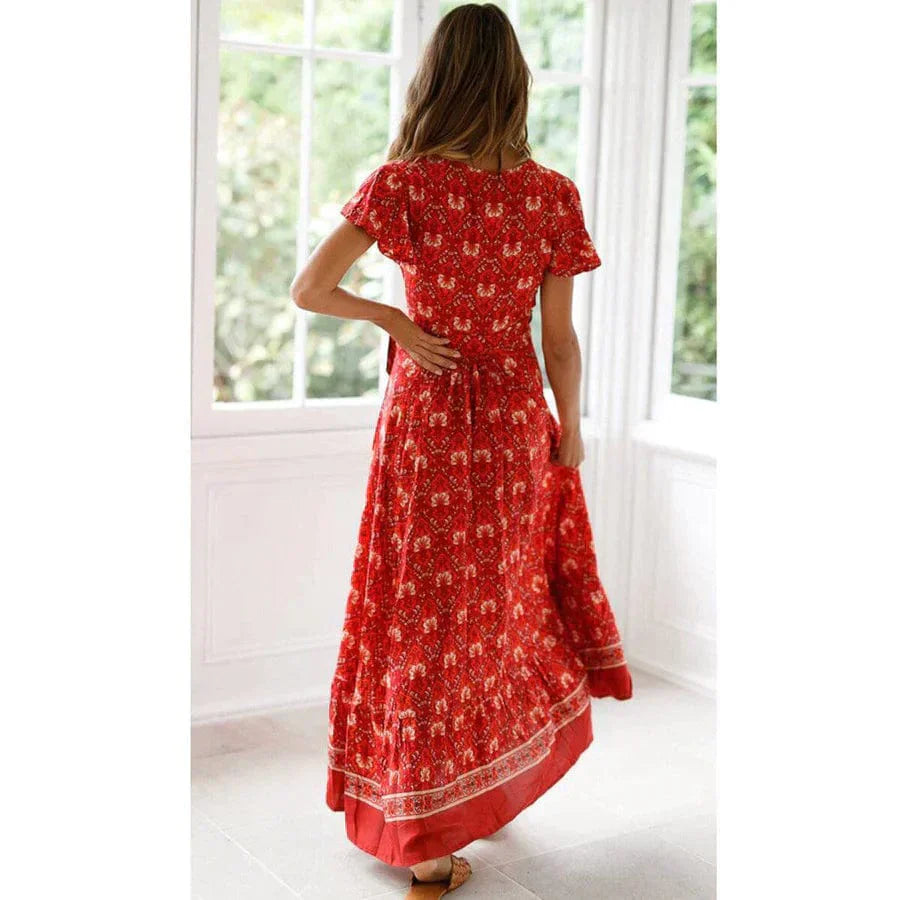 Abito lungo da donna stile boho a portafoglio – Spacco laterale, vestibilità fluida e femminile, perfetto per l'estate