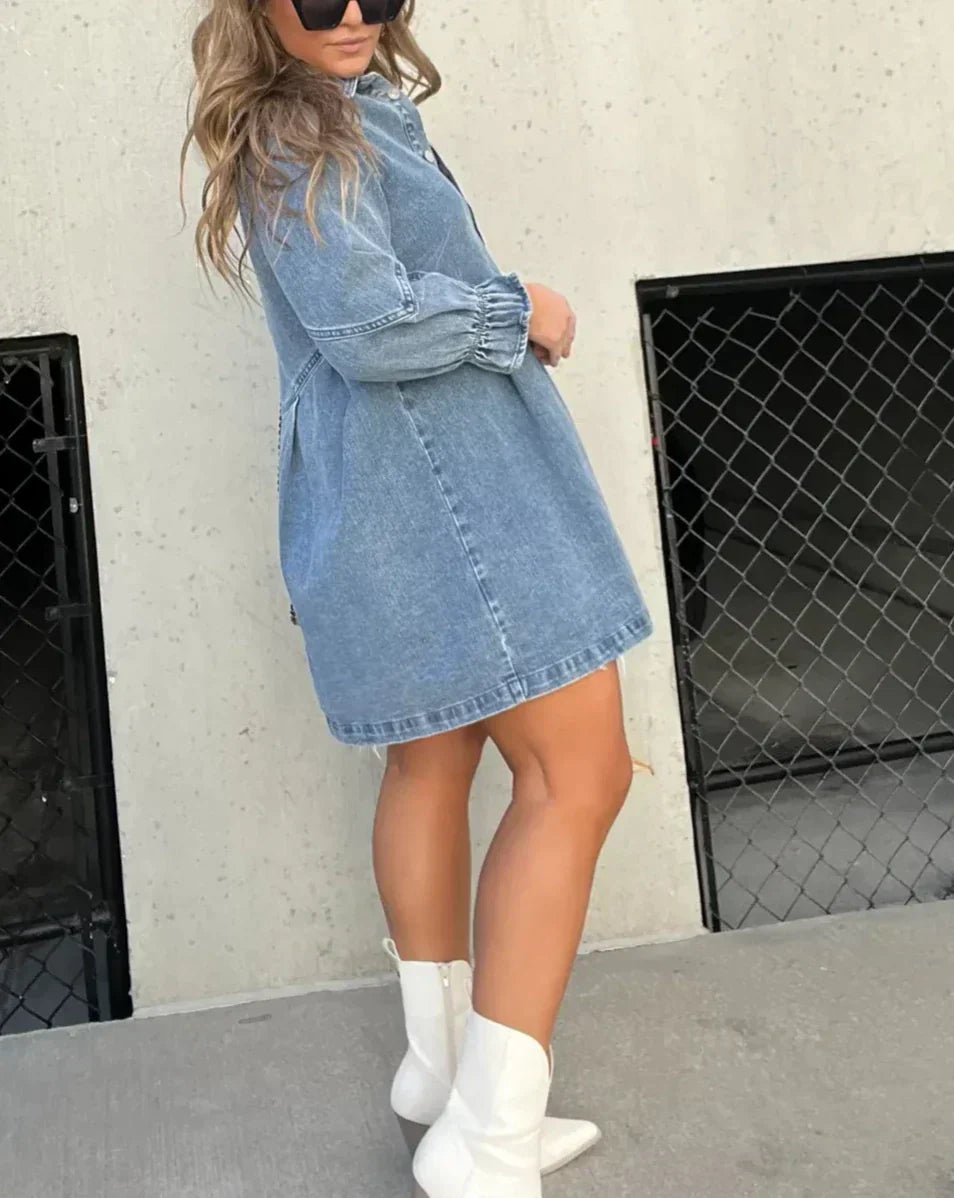 Robe courte en jean à manches longues pour femme – Robe chemise trapèze boutonnée sur le devant