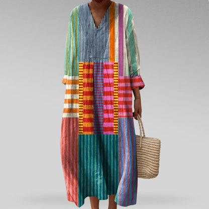 Miranda | Women Maxi Summer Dress V Neck Patchwork Print Long Sleeve Rolled Cuffs