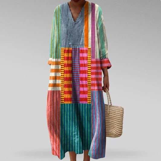 Miranda | Women Maxi Summer Dress V Neck Patchwork Print Long Sleeve Rolled Cuffs