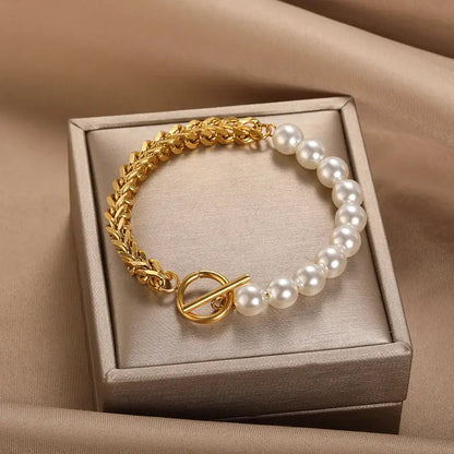 Pulseira Elegante de Ouro e Pérolas