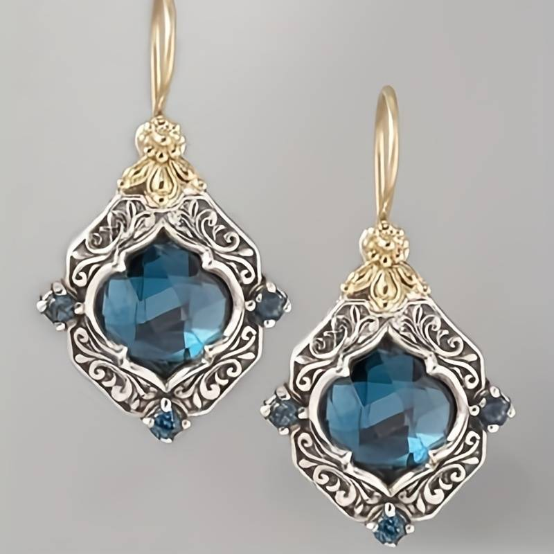 Vintage Blauwe Kristal Gouden & Zilveren Oorbellen