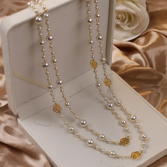 Long Pearl Necklace with Gold-Tone Accent Charms for Women