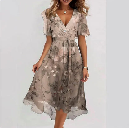 Robe femme col V avec ceinture à la taille coupe décontractée