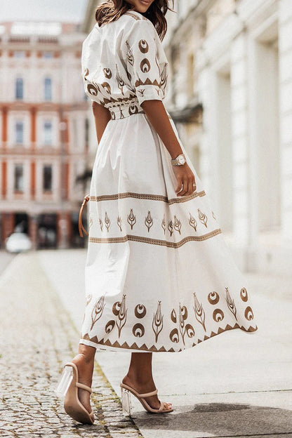 Kaitlyn  | Women's Boho Printed Belted Long Sleeve Midi Dress