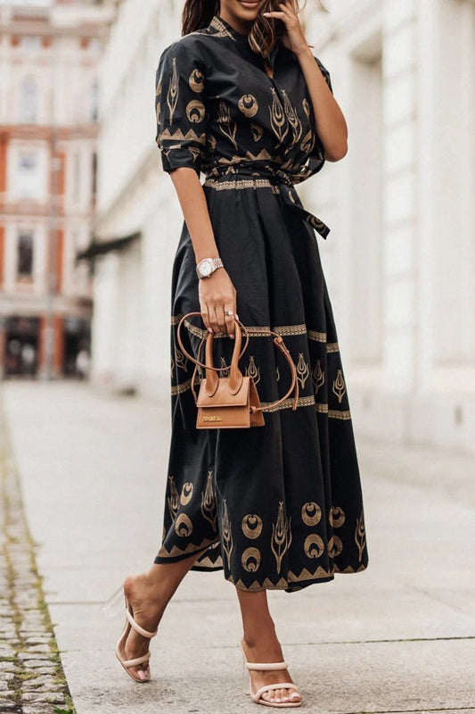 Kaitlyn  | Women's Boho Printed Belted Long Sleeve Midi Dress