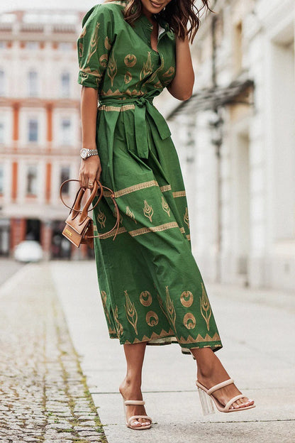 Kaitlyn  | Women's Boho Printed Belted Long Sleeve Midi Dress