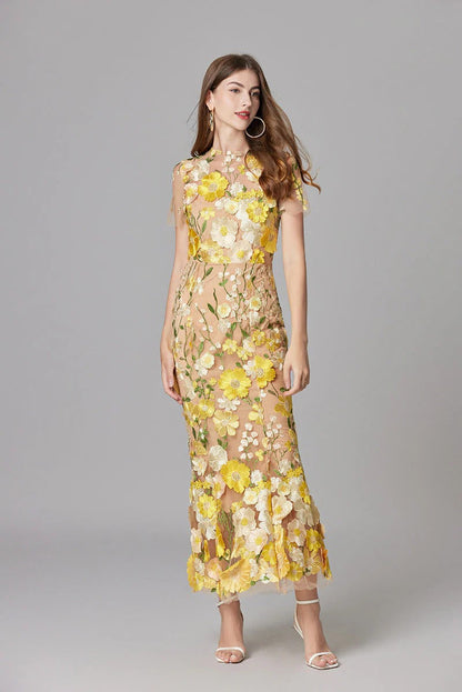 Aurelia | Women's 3D Floral Appliqué Sheer Mesh Sleeveless Maxi Dress