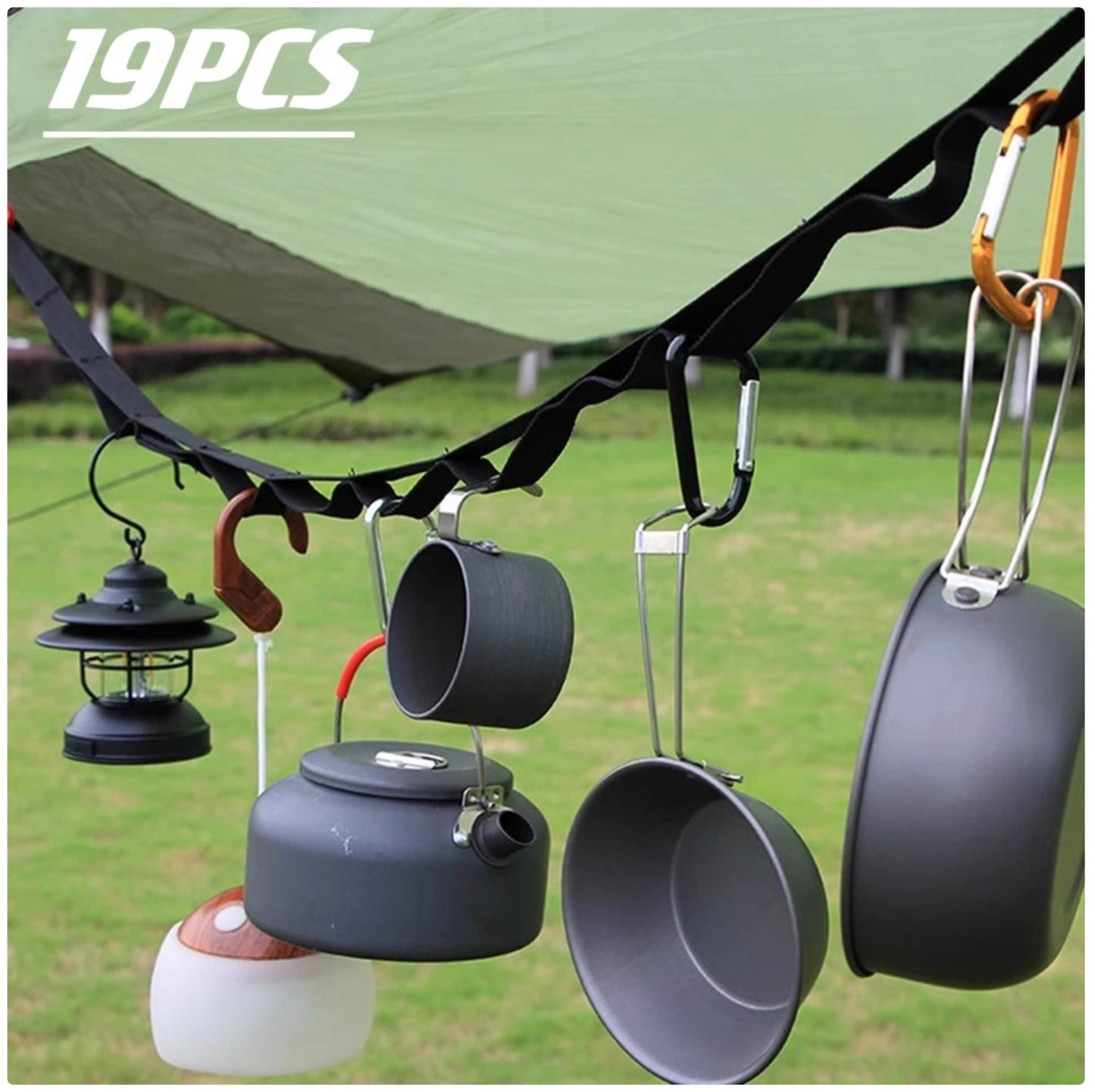 Outdoor Camping Clothesline - Portable Hanging Rope with 19 Carabiners for Travel & Hiking