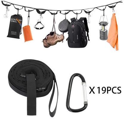 Outdoor Camping Clothesline - Portable Hanging Rope with 19 Carabiners for Travel & Hiking