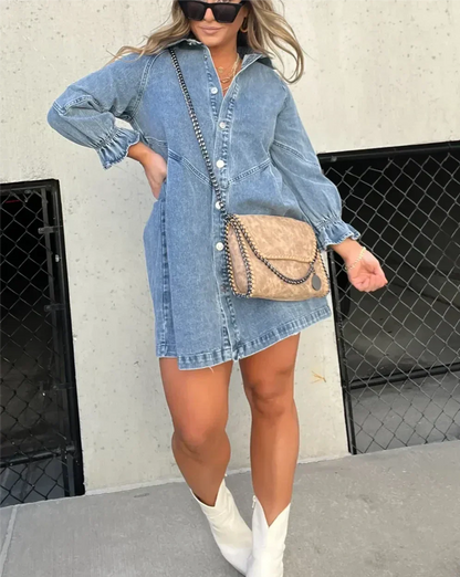 Robe courte en jean à manches longues pour femme – Robe chemise trapèze boutonnée sur le devant