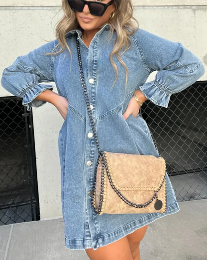 Robe courte en jean à manches longues pour femme – Robe chemise trapèze boutonnée sur le devant