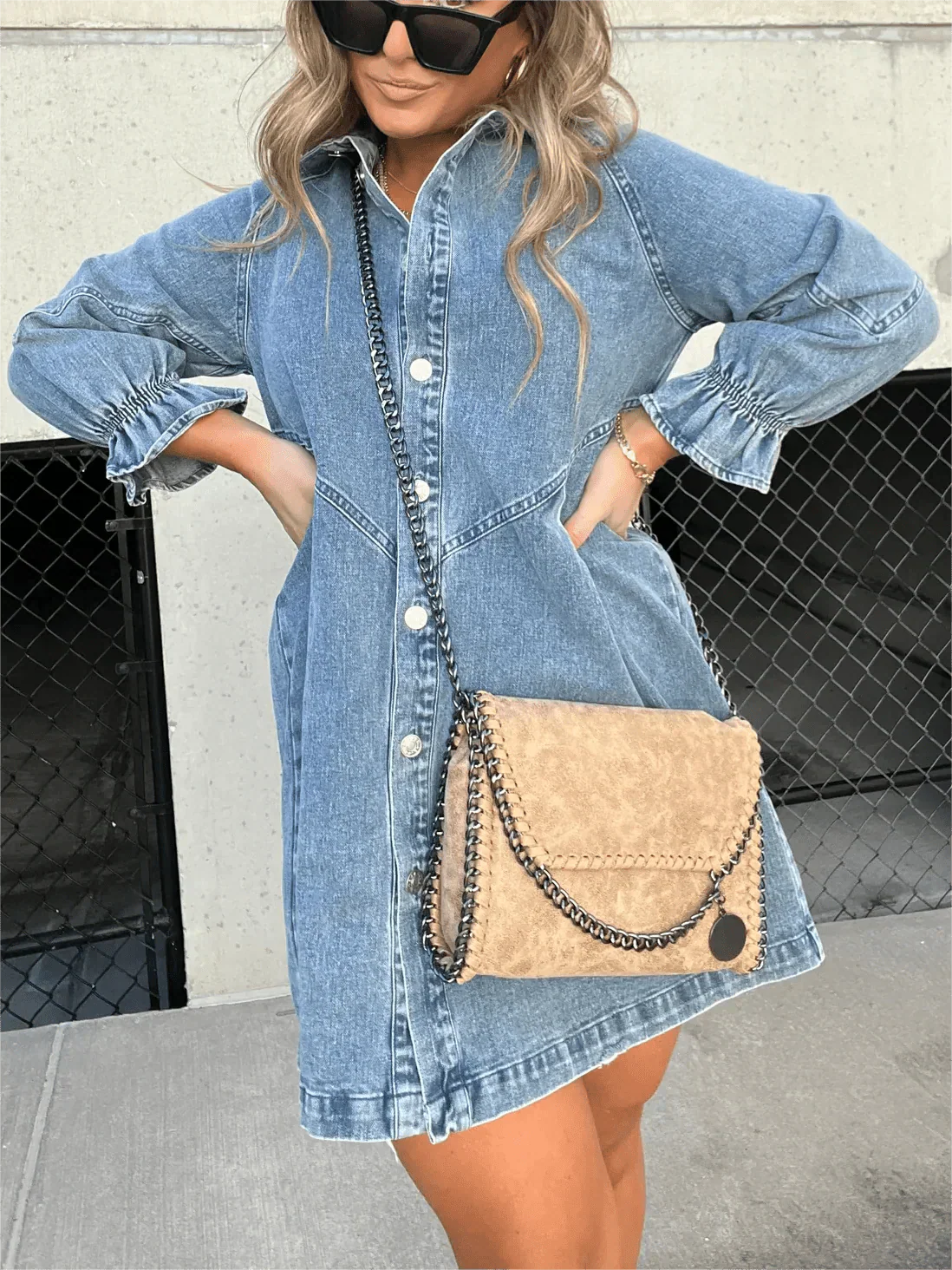 Cotton Denim Mini Dress with Smocked Cuffs and Button Front for Spring