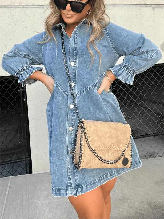 Cotton Denim Mini Dress with Smocked Cuffs and Button Front for Spring