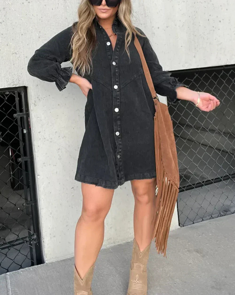 Robe courte en jean à manches longues pour femme – Robe chemise trapèze boutonnée sur le devant