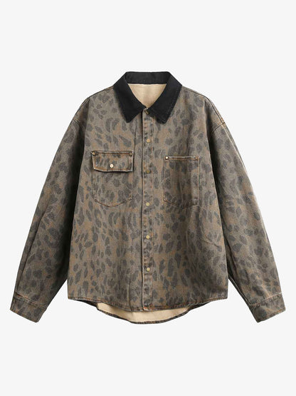 Distressed Cheetah Print Denim Shirt Vintage Style