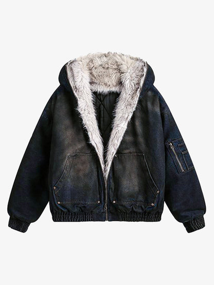 Washed Cotton Fur Hooded Jacket