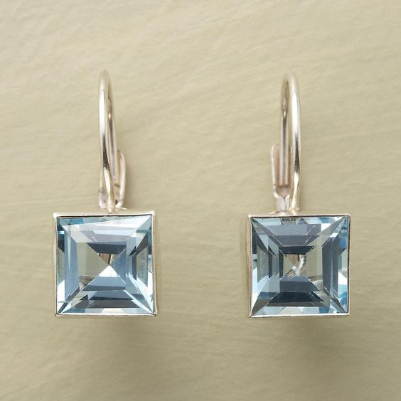 Square Cut Gemstone Drop Earrings with Silver Tone