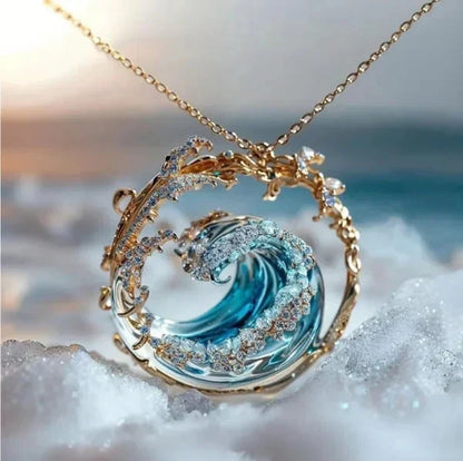 Wave Pendant Necklace with Blue Resin Center for Women