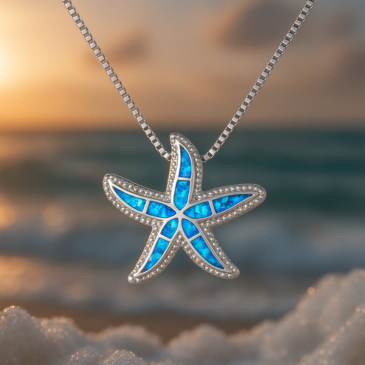 Colar Prateado com Estrela-do-Mar Azul Brilhante e Opala