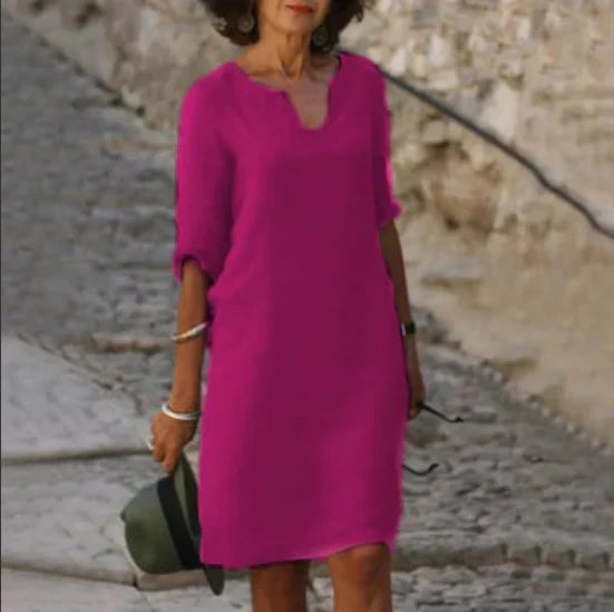 Bérénice – Robe midi à col en V et manches trois-quarts femme