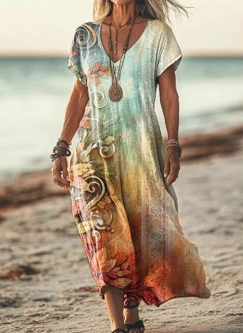 Damen Kurzarm Sommerkleid | Midi