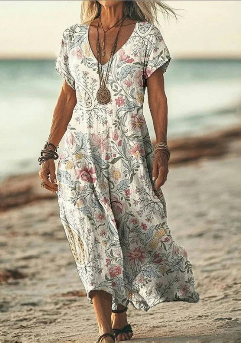 Damen Kurzarm Sommerkleid | Midi