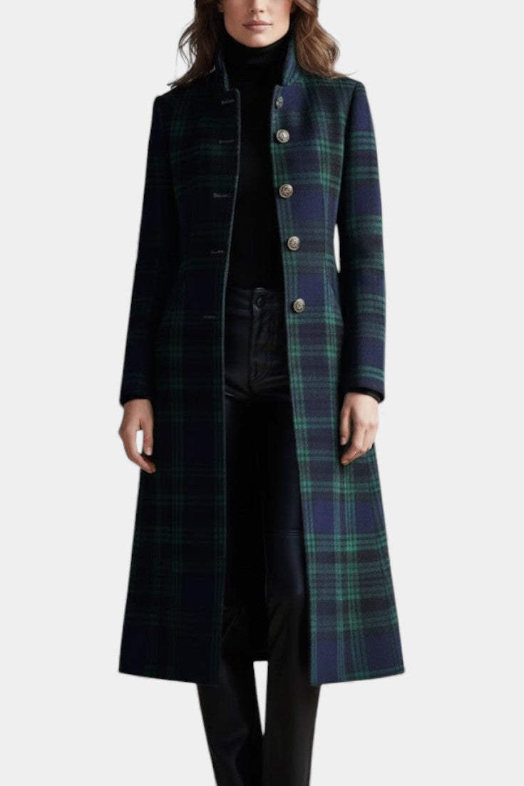 Women's Wool Mix Plaid Longline Trench Coat