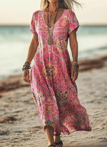 Damen Kurzarm Sommerkleid | Midi