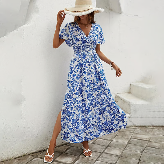 Hailey | Women's Boho Printed V Neck Short Sleeve Maxi Dress