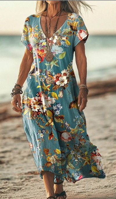 Damen Kurzarm Sommerkleid | Midi