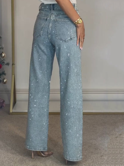 Chloe | Elegant Rhinestone Wide Leg Jeans