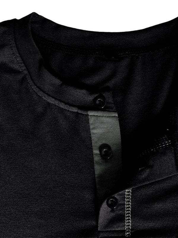 Henley Color Block Knitted Long Sleeve T-Shirt