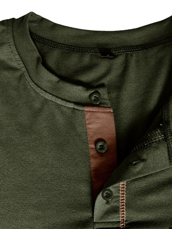Henley Color Block Knitted Long Sleeve T-Shirt