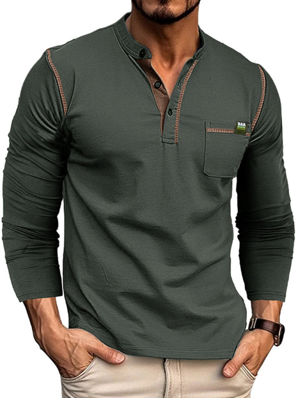 Henley Color Block Knitted Long Sleeve T-Shirt