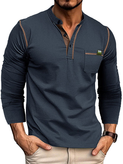 Henley Color Block Knitted Long Sleeve T-Shirt