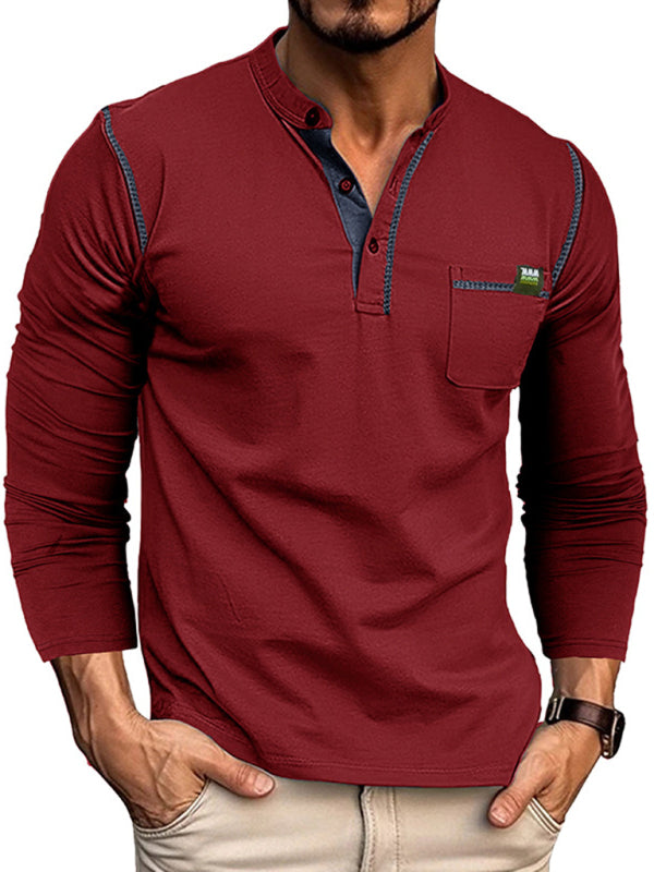 Henley Color Block Knitted Long Sleeve T-Shirt