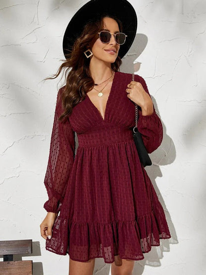 Robe Courte Élégante Femme – Manches Longues Col V Coupe Évasée