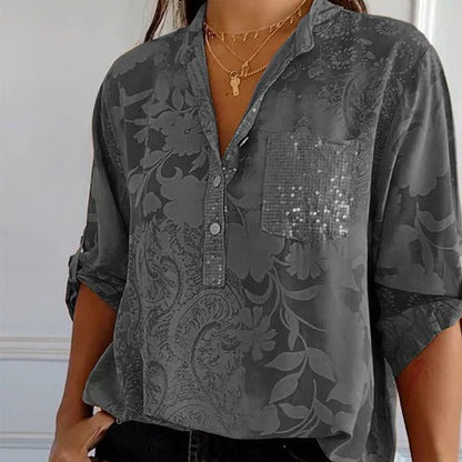 Sofistikeret Bluse med Blomsterprint og V-Hals