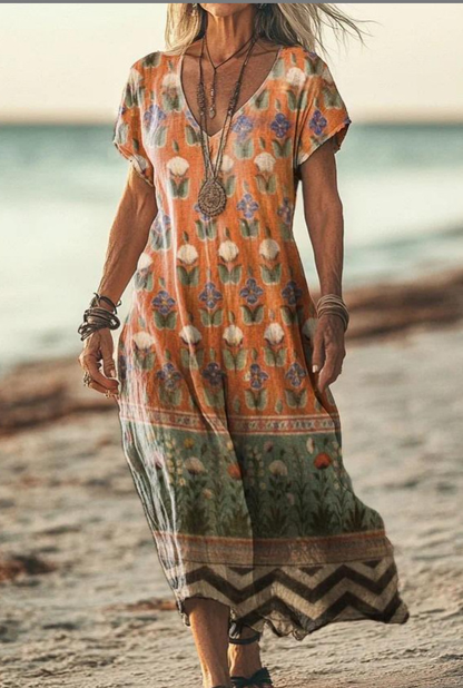 Damen Kurzarm Sommerkleid | Midi