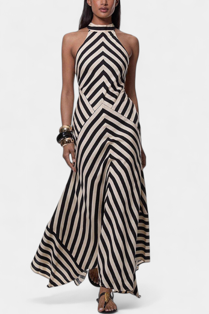 Crispina Ριγέ Maxi Φόρεμα Halter με Ρευστή Γραμμή