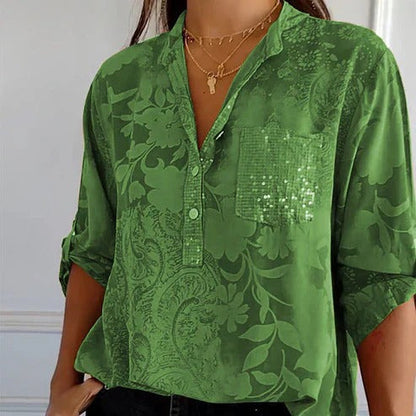 Sofistikeret Bluse med Blomsterprint og V-Hals