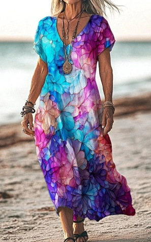 Damen Kurzarm Sommerkleid | Midi
