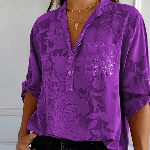 Sofistikeret Bluse med Blomsterprint og V-Hals