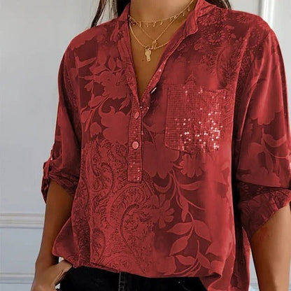 Sofistikeret Bluse med Blomsterprint og V-Hals